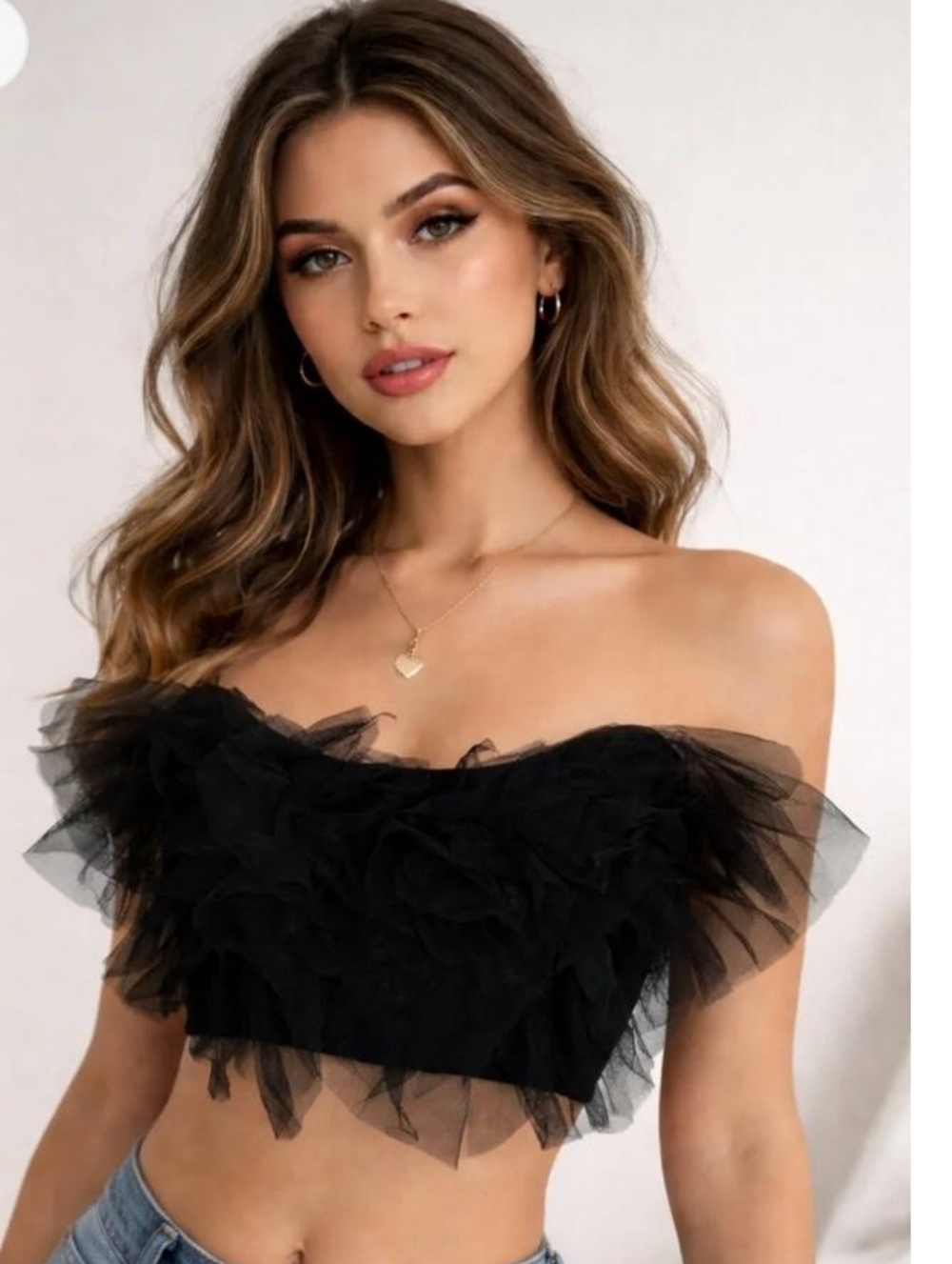 Black Off-Shoulder Ruffle Crop Top - Women Tops
